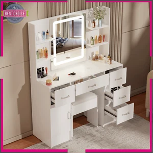 Women's Gifts Vanity Makeup Dressing Table Desk Vanity Stool Mirror Smart LED US - Picture 1 of 9
