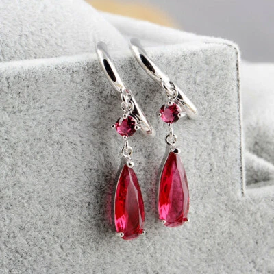 Teardrop Shaped Pink Red Topaz Gemstone Silver Women Dangle Hook Earrings 1.5" - Image 1 of 4
