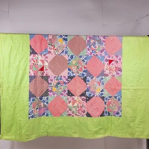 Edredón reversible vintage con bordes verdes hecho a mano 83x61 rosa naranja azul - Imagen 1 de 13