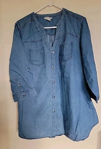 KC KHAKIS & CO Top 2X Denim Chambray Popover Tunic Asymmetric Roll Tab Blue - Picture 1 of 3