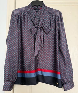 Tommy Hilfiger Long Sleeve Geometric Print Button Down Tie Neck Blouse Large - Picture 1 of 7