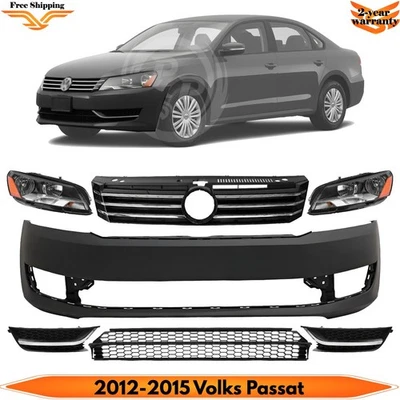 Front Bumper Cover Primed Plastic & Headlights Kit For 2012-2015 Volks Passat Foto 1 de 4