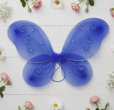 ROYAL BLUE Butterfly Fairy Organza Nylon WINGS Glitter & Gemstones Choose Size - Image 1 of 2