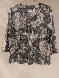 ALFRED DUNNER XL grau beige geblümtes Oberteil verzierter Ausschnitt 3/4 Arm Bluse - Bild 1 von 3