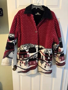 Womens Vtg Denali USA MADE Reversible Winter Village/Black Fleece Coat Size M - Picture 1 of 14