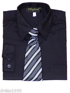 BOYS RECITAL, GRADUATION, LONG SLEEVE DRESS SHIRT w/ TIE, BLACK, SZ:2T to 20 - Picture 1 of 2