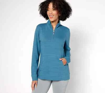 Denim & Co. Pullover activo de algodón texturizado media cremallera-azul verde azulado-2X-NUEVO-A676298 Foto 1 de 2