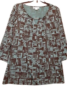 Liz Claiborne Sz L Blouse 3/4 Sleeve Teal Black Polyester Spandex Round Neck - Picture 1 of 12