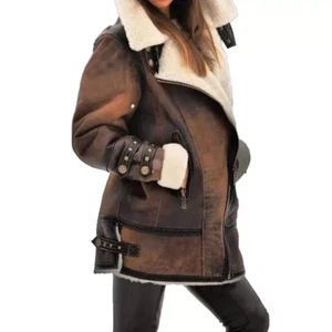 Women's Brown B3 Bomber Genuine Sheepskin Leather RAF Aviator Shearling Jacket - Picture 1 of 3