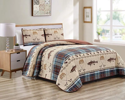 River Fly Fishing Themed Rustic Cabin Lodge Quilt Stitched Bedspread Bedding Set - Image 1 of 4