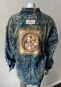 Denim Acid Wash Retro Vintage 90s Studded Embroidered Long Sleeve Top Blouse L - Picture 1 of 5