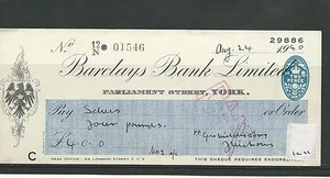 CHEQUE - CH1211 - USADO -1939/40 - BARCLAYS BANK, PARLAMENTO ST. YORK - Imagen 1 de 1