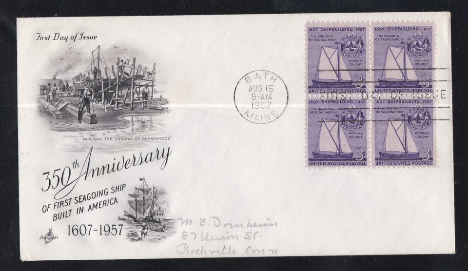 USA 1957 FDC 350th ANNIV OF SHIP BUILDING IN AMERICA BLOCK OF 4 + CACHET - Image 1 of 1