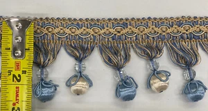 Pom Pom Fringe Beaded Tassel Trim 2.5” W/ Gimp Top Sold By The Yard Blue / Gold - Picture 1 of 3