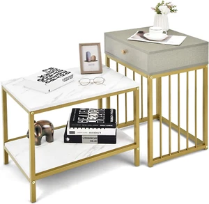 Nesting Coffee Table Set W/Drawer & Shelf, 2-In-1 Compact Sofa Side Table Set W/ - Picture 1 of 9