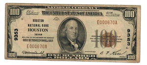 1929 $100 Ten Dollar Houston National Bank Note Type 1 #9353 - Picture 1 of 2