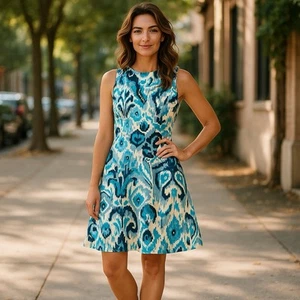 Donna Morgan Dress 12 Anthropologie Blue Ikat Fit Flare Career Cocktail Summer - Picture 1 of 10