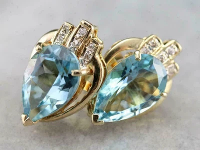 Pendiente de aguamarina simulada con pera de 3 quilates para mujer enchapado en oro amarillo de 14 quilates plateado Foto 1 de 4