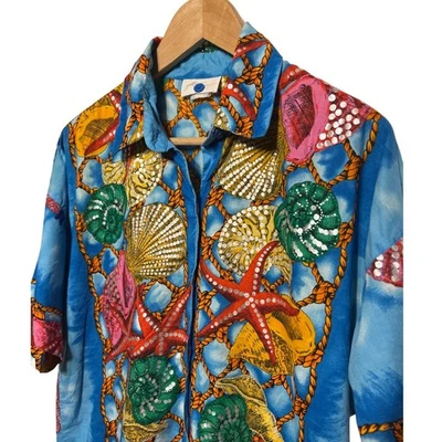 Gottex Tropical Seashell Starfish Button Up Short Sleeve Hawaiian Shirt Size L - Image 1 of 4