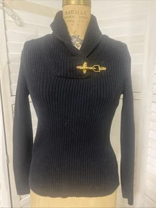 Ralph Lauren Black Label Gold Clasp Sweater Top Women's Black Ribbed Pullover M - Picture 1 of 8