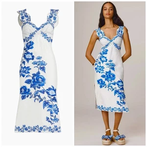 ๐$225 FARM RIO SZ MEDIUM BLUE FLORAL CASCADE WAVY LINEN MIDI DRESS NEW LAST ONE - Picture 1 of 6
