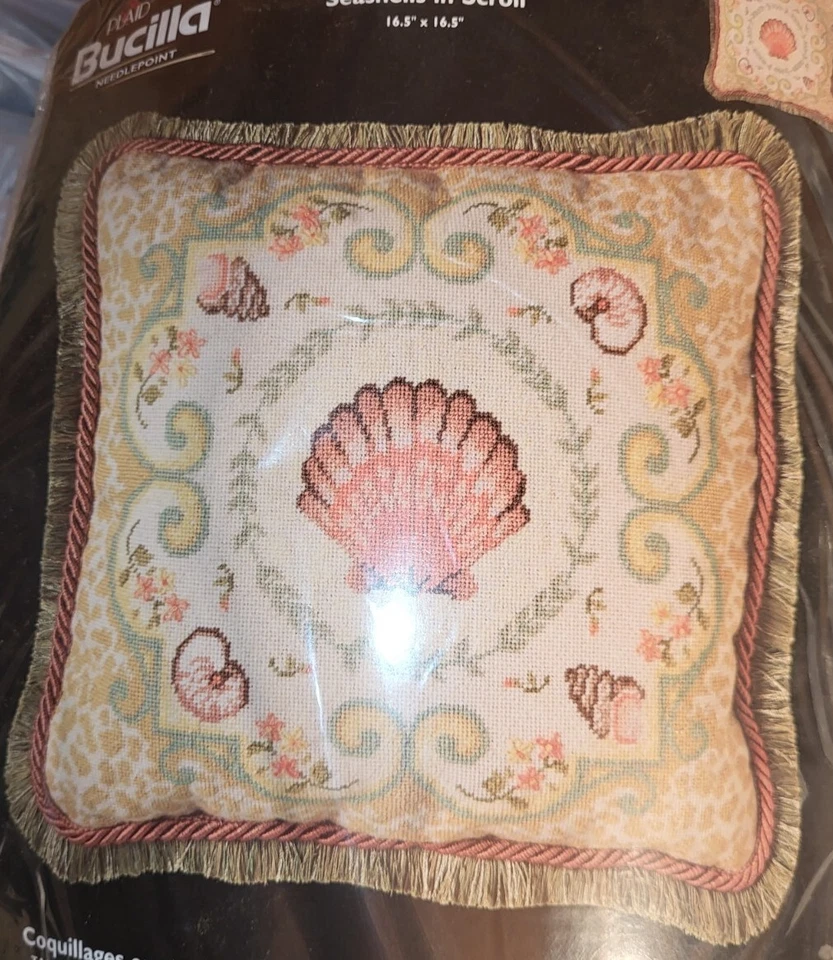 Bucilla Seaside Seashells In Scroll Needlepoint Kit Suzanne Nicholl Wool Yarn - Image 1 of 4