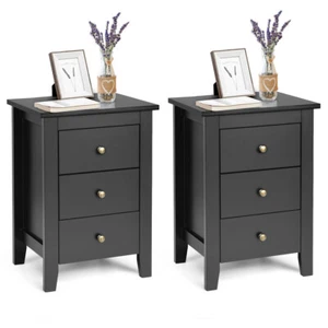Set of 2 Nightstand End Beside Sofa Table w/ 3 Drawers Bedroom Furniture Black - Picture 1 of 12