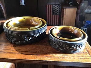 Mid Century Modern ROYAL HAEGER CERAMIC Black & Avocado Green LARGE Ashtray SET - Picture 1 of 20