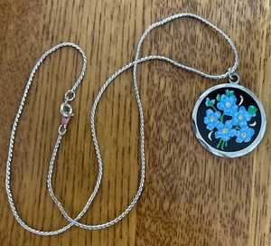 Silberfarbene Blackinton Zinn Runde Blau Blumen Anhänger Kette Halskette - Bild 1 von 5
