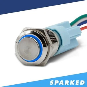 Sparked Innovations Aluminum Latching Push Button Switch 12V Halo Ring - Blue - Picture 1 of 3
