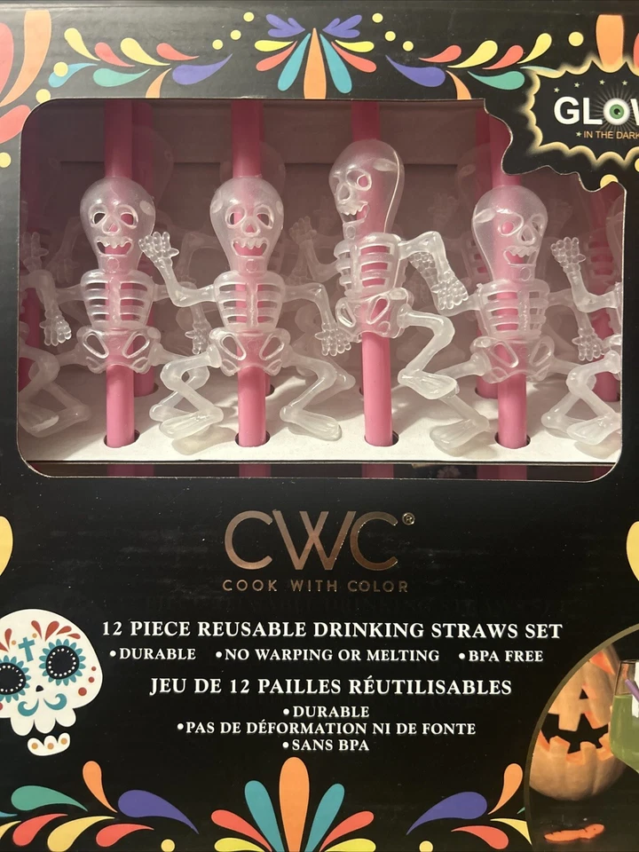 Set of 12 Skeletons Glow NEON Green Black Straws Party Decor REUSABLE BPA Free - Image 1 of 1