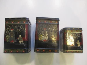 3 Vintage Oriental Tea Caddy Tins Black Gold Red Chinese mid 20th Century - Picture 1 of 18