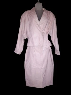 Vintage Glam Rock 80s Berman's Pastel Pink Leather Biker Jacket Pencil Skirt M - Image 1 of 4