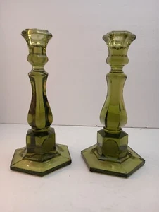 Fostoria Glass Coin Candle Stick Pair Holders Olive GRN Liberty Eagle Bell 8 in - Picture 1 of 9