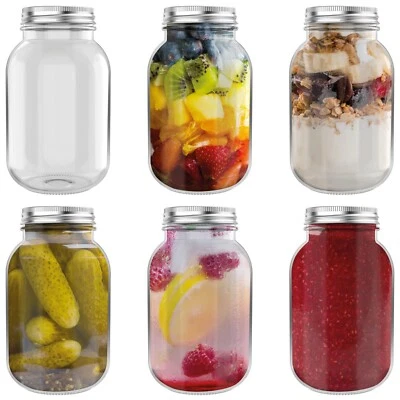 6 x HEFTMAN Glass Mason Jars & Lids 1 Litre 500ml 250ml Airtight Preserving Oats - Image 1 of 4