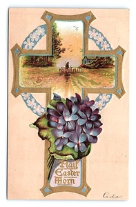 Postal Granizo Pascua Mañana 1908 Cruz con Flores Púrpura Agricultor Caminando a Casa - Imagen 1 de 3
