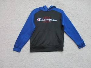 Champion Sweater 10-12 Youth Black Blue Pullover Hoodie USA Spell Out Logo Boys - Picture 1 of 12