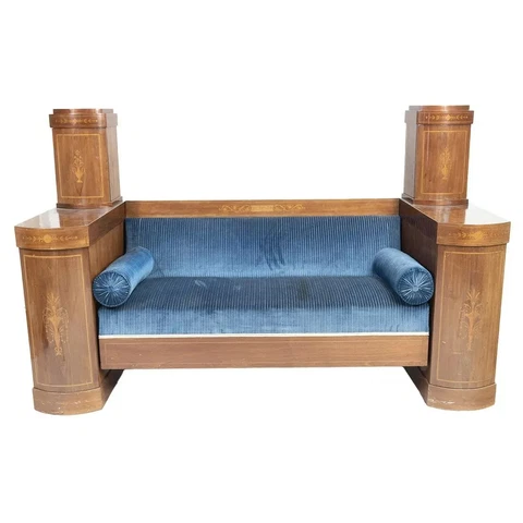 Sofa, Biedermeir Style Cabinet, Blue Striped Velvet, Inlaid Decoration! Cover