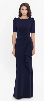 Xscape Demi Scuba Short Sleeve Side Ruched Floor Length Gown NWT Size 8 Midnight - Image 1 of 2