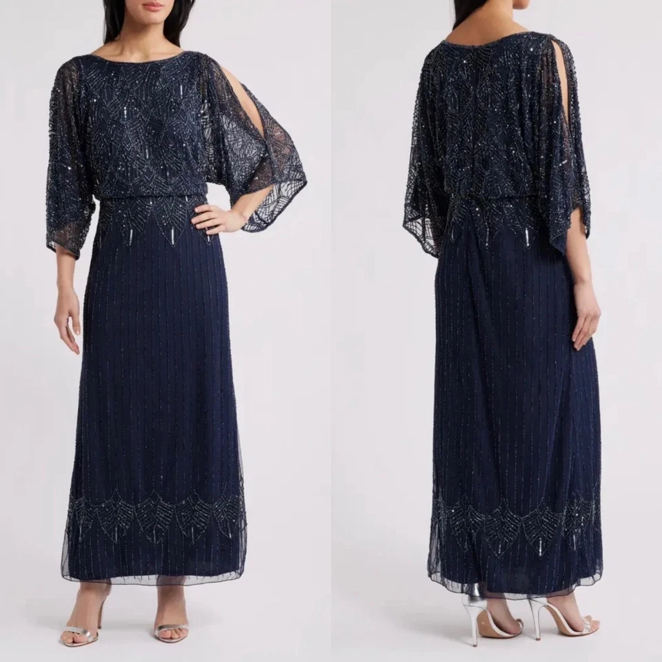 Vestido Blusa Pisarro Nights Azul Marino Con Cuentas Hombro Frío Talla 20W $288 Foto 1 de 1