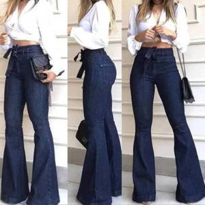 Women's High Waist Denim Jeans Stretch Bell Bottom Pants Flare Wide Leg Trousers - Picture 1 of 9