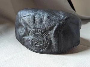 vintage Y2K leather HARLEY DAVIDSON cabbie cap L black SKULL motorcycle hat - Picture 1 of 13