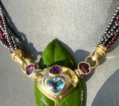 Collar Colgante Corazón Vintage Patrimonio Joyería Fina Usado 18K Granate Hematita Foto 1 de 4