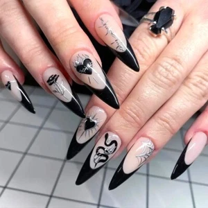 24 Fake Nails Black Web Snake Heart Press On Gothic Punk Grunge Flame Barbwire - Picture 1 of 5
