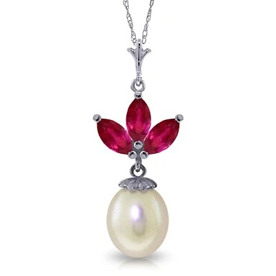 4.75 Carat 14K Solid White Gold Necklace Natural Gemstone Pearl Ruby 14"-24" - Image 1 of 4