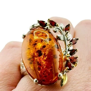 Sterling Silver 925 Large Amber Garnet Leaf Ring Size 9.25 Ornate Stunning - Picture 1 of 10