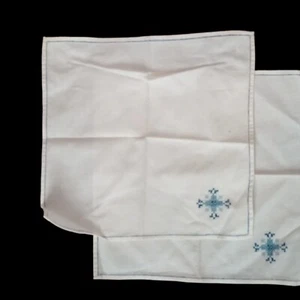 Handmade White Handkerchiefs Napkins Blue Cross Stitch in Corner Set Of Two 10" - Picture 1 of 7