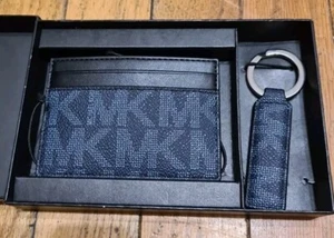 Michael Kors Card Wallet Key Ring Set Blue Logo Leather Gift Boxed - Picture 1 of 4