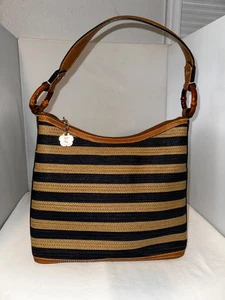 Eric Javits Leather & Straw Tote Shoulder Bag Natural Black Stripe - Picture 1 of 8