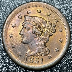 1851 Braided Hair Large Cent 1c Choice XF Detail Cleaned - Picture 1 of 2